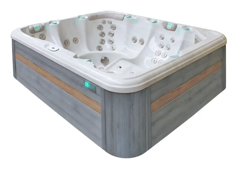 PassionSpa Repose masszázsmedence – modern kialakítás, szürke kivitel, fahatású felület, fehér masszázsfúvókák PassionSpa Repose masszázsmedence – modern kialakítás, szürke kivitel, fahatású felület, fehér masszázsfúvókák
